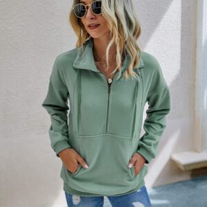 PRETTYGARDEN Women’s Casual Long Sleeve Lapel Zipper Sweatshirt Drawstring Loose Pullover Tops Green