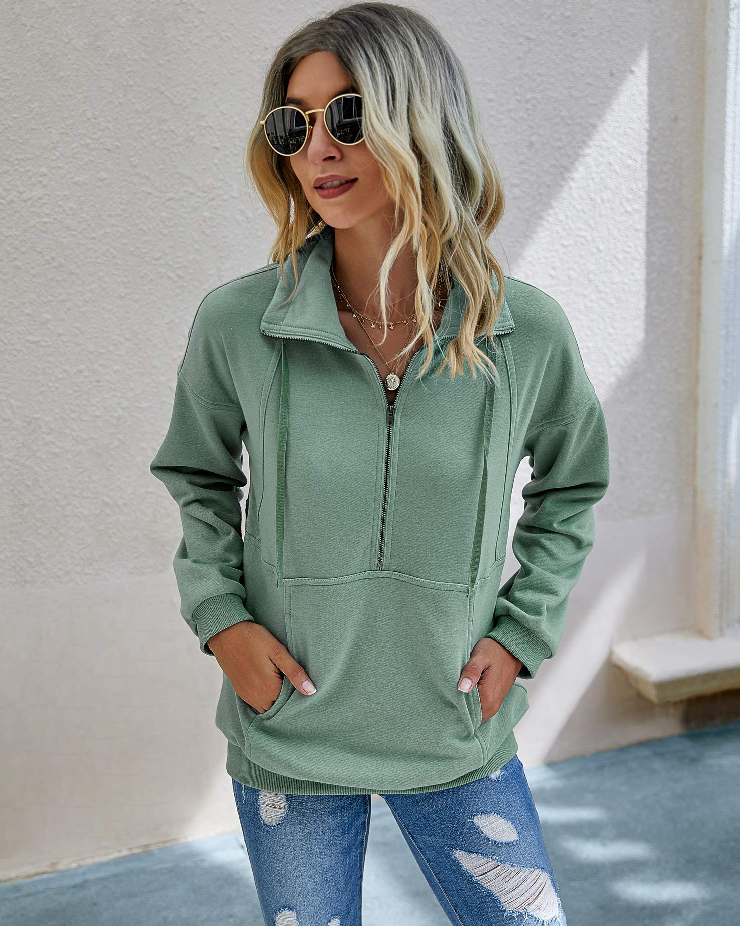 PRETTYGARDEN Women’s Casual Long Sleeve Lapel Zipper Sweatshirt Drawstring Loose Pullover Tops Green