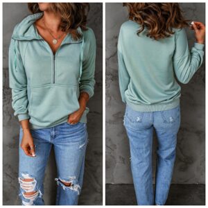 PRETTYGARDEN Women’s Casual Long Sleeve Lapel Zipper Sweatshirt Drawstring Loose Pullover Tops Green