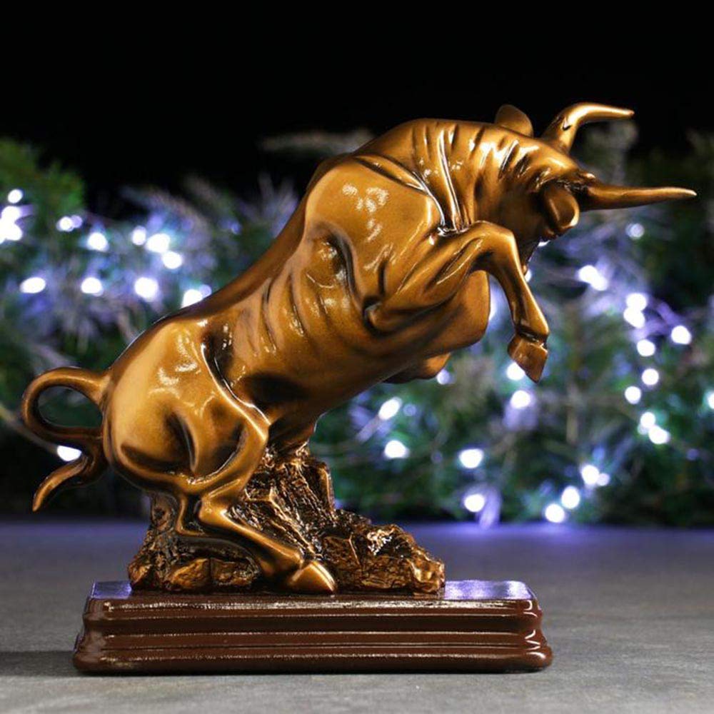 Charging Bull Statue with Brown Pedestal Base Made of Gold-Finished Polystone - Bull Market Figurine Wallstreet Bull