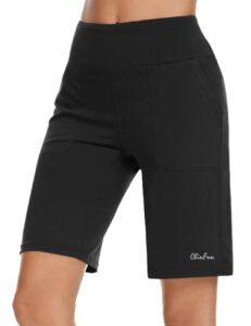 chinfun women's 10" high waist yoga shorts bermuda shorts athletic runningworkout lounge shorts with deep pockets black xl