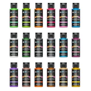 metallic acrylic paint set 18 colors metallic paints non toxic for artists beginners painting on rocks crafts canvas wood fabric, rich pigment & no fading, 2 oz/bottle