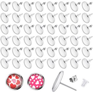 300 pieces stud earring kit include 100pcs 12 mm stainless steel blank stud bezel settings 100 rubber backs 100 earring backs (silver with silver and clear)