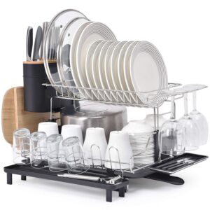 kingrack 2 tier dish rack, 304 stainless steel dish drainer, large capacity dish drying rack with drip tray, removable cutlery cutting board wine glasses cups holder & plate rack for kitchen