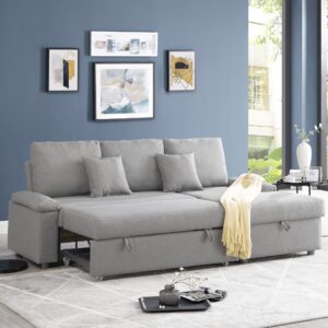 good & gracious sectional sleeper sofa couch with pull out bed, l shaped modern sectional sofa bed with chaise lounge and storage function for living room, 34.65" x 32.68" x 86.61", light gray