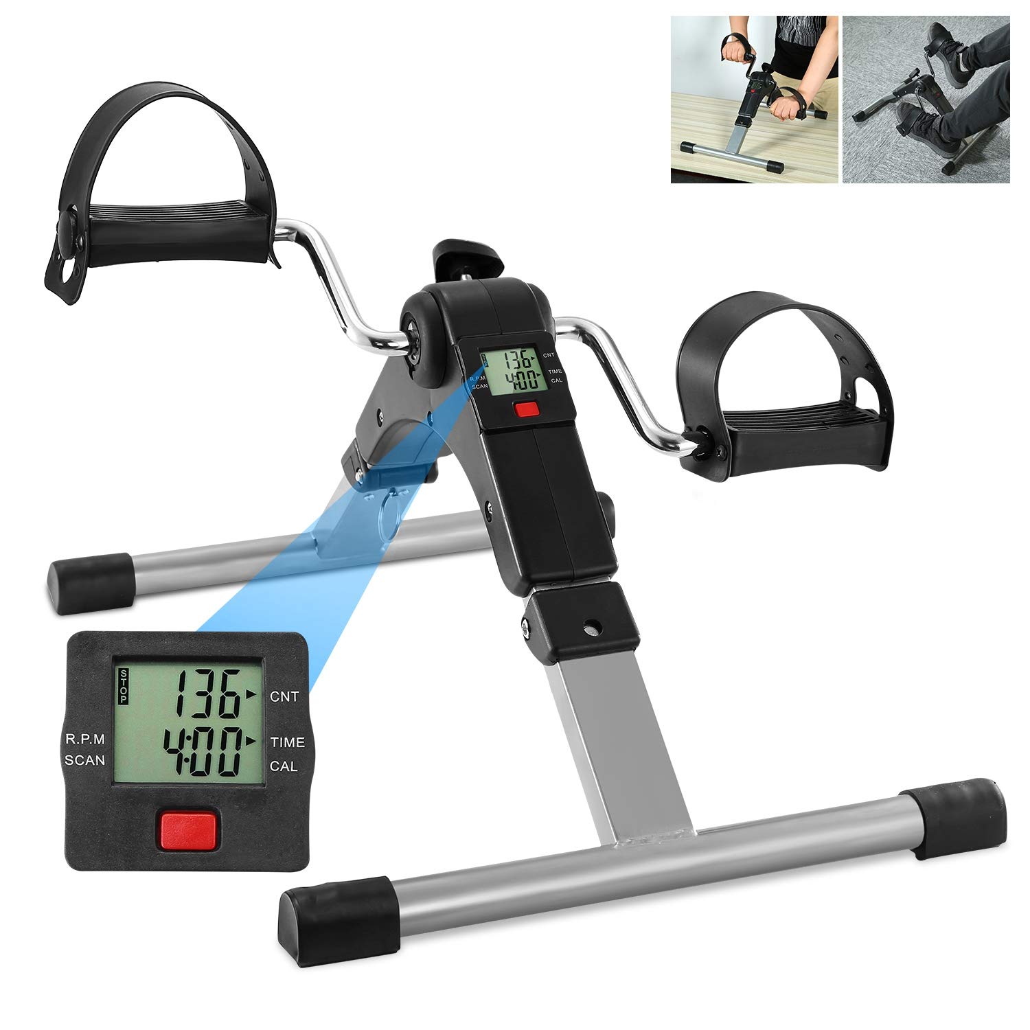 Folding Pedal Exerciser, Under Desk Bike Pedal Exerciser for Arm/Leg Workout, Portable Exercise Peddler with Electronic LCD Display (Black)