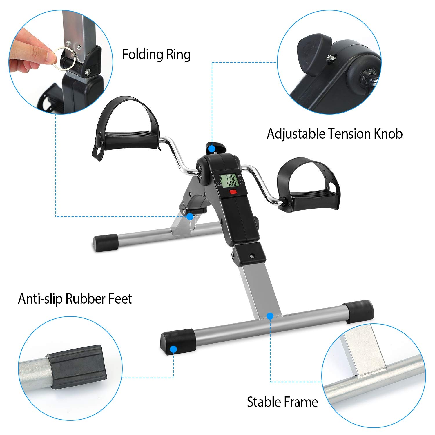 Folding Pedal Exerciser, Under Desk Bike Pedal Exerciser for Arm/Leg Workout, Portable Exercise Peddler with Electronic LCD Display (Black)