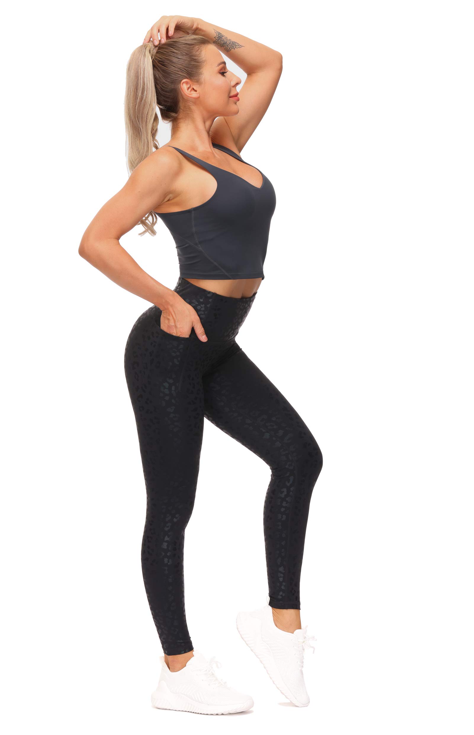 THE GYM PEOPLE Tummy Control Workout Leggings with Pockets High Waist Athletic Yoga Pants for Women Running, Fitness (Black Leopard, X-Large)