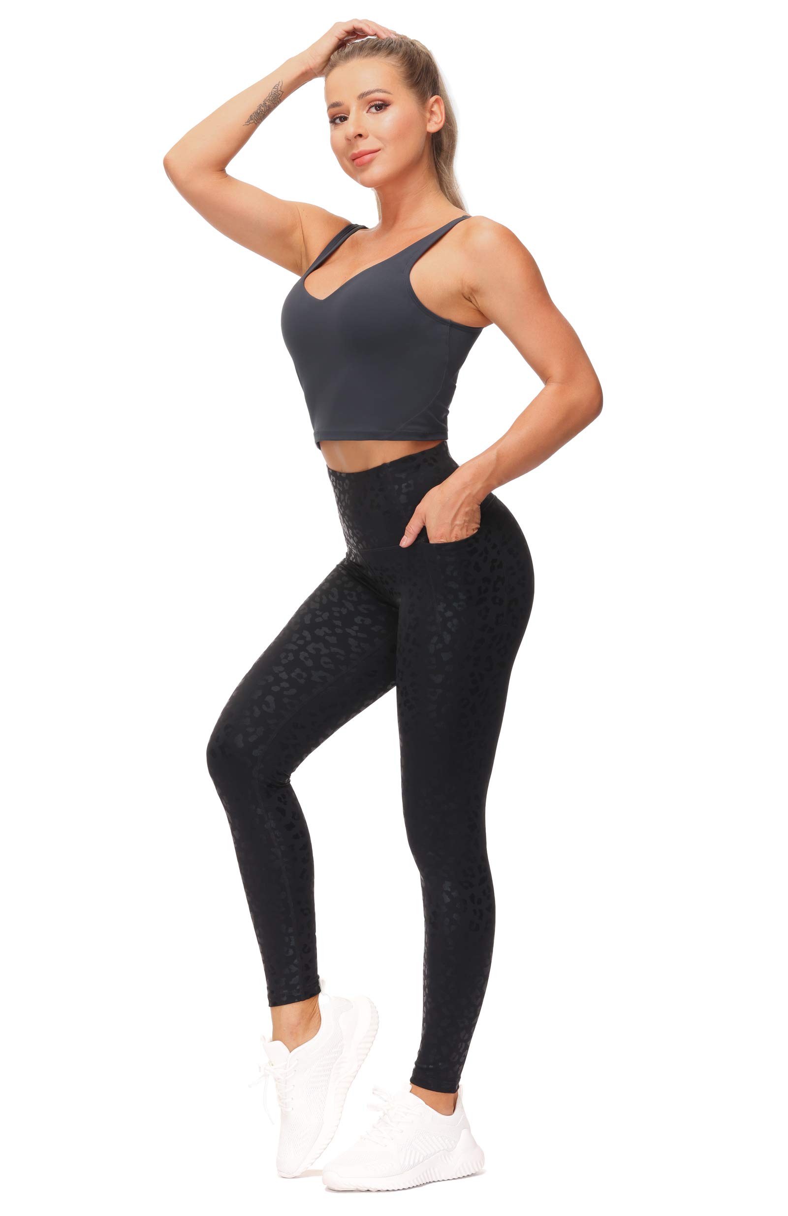 THE GYM PEOPLE Tummy Control Workout Leggings with Pockets High Waist Athletic Yoga Pants for Women Running, Fitness (Black Leopard, X-Large)