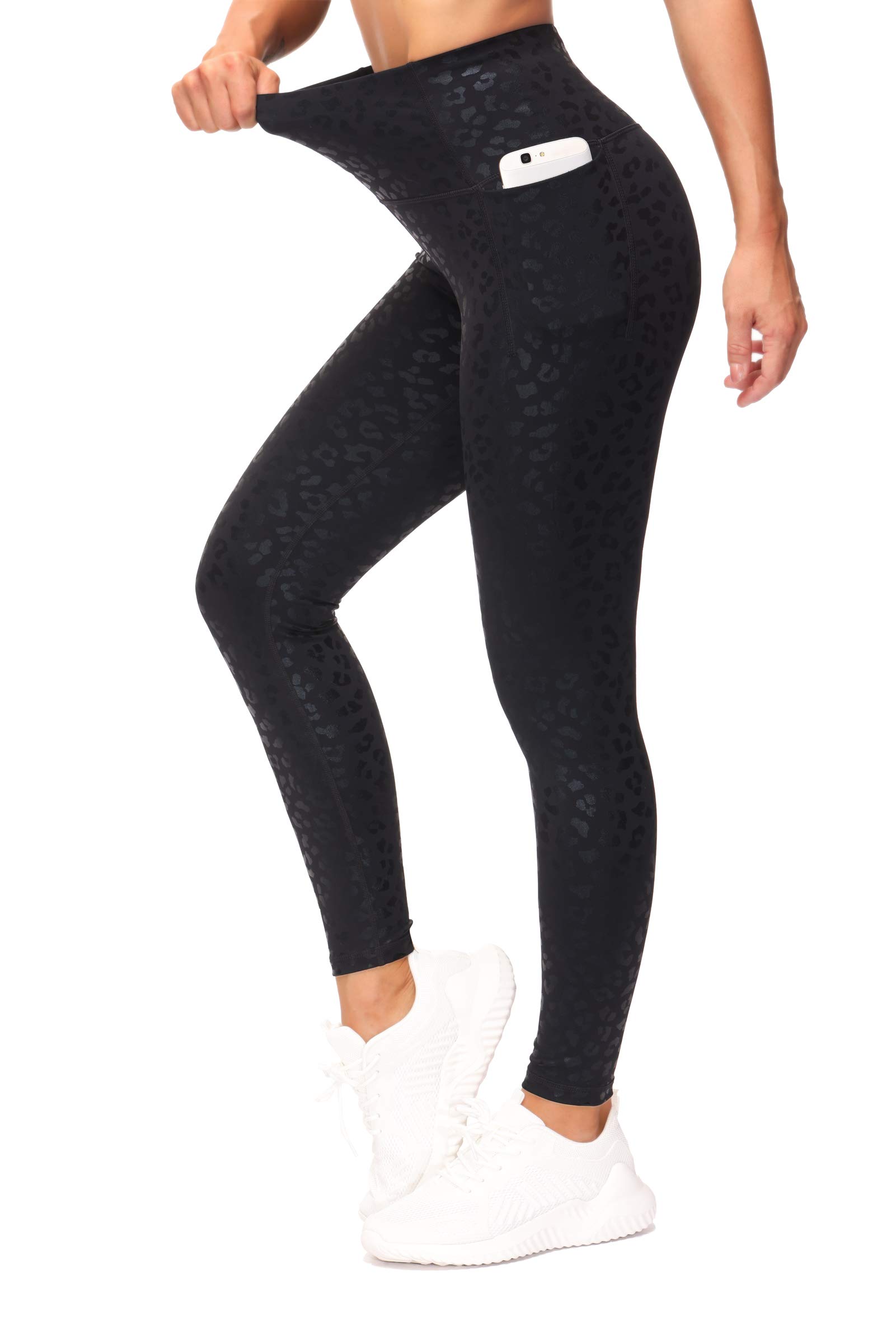 THE GYM PEOPLE Tummy Control Workout Leggings with Pockets High Waist Athletic Yoga Pants for Women Running, Fitness (Black Leopard, X-Large)