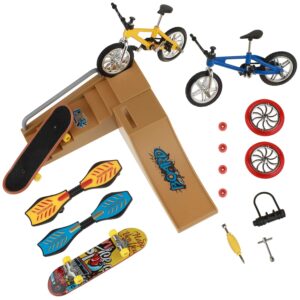 ideallife skate park kit, mini finger toys set finger skateboards finger bikes tiny swing board with replacement wheels and tools (17 pcs)