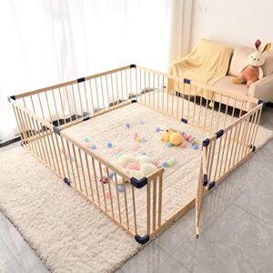 largest baby gate playpen, kids play fence with door, play area indoor kids,safety activity center playard w/locking gate outdoor,without mat（natural wood,71”×79”）