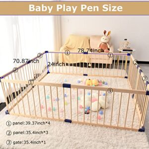 Largest Baby Gate Playpen, Kids Play Fence with Door, Play Area Indoor Kids,Safety Activity Center Playard w/Locking Gate Outdoor,Without Mat（Natural Wood,71”×79”）