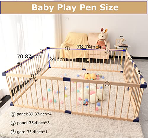 Largest Baby Gate Playpen, Kids Play Fence with Door, Play Area Indoor Kids,Safety Activity Center Playard w/Locking Gate Outdoor,Without Mat（Natural Wood,71”×79”）