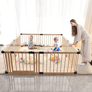 Largest Baby Gate Playpen, Kids Play Fence with Door, Play Area Indoor Kids,Safety Activity Center Playard w/Locking Gate Outdoor,Without Mat（Natural Wood,71”×79”）