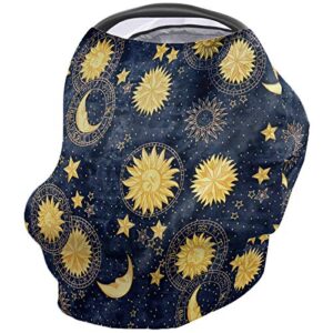 car seat canopy nursy cover zodiac sign, multi use breastfeeding scarf for infant carseat canopy stroller shopping cart highchair boho celestial bodies gold sun moon and stars ancient pattern