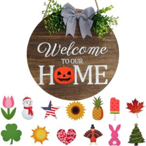 seasonal welcome door sign interchangeable welcome to our home wood round wreath with buffalo check plaid bow outdoor holiday decoration for spring summer autumn winter 14 pieces hanging ornaments