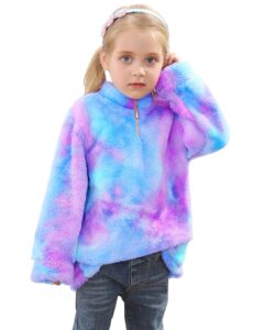 nirovien toddler girls tie dye fleece jacket 1/4 zip sherpa pullover sweatshirts outerwear coats 2-7y(blue purple,3t)
