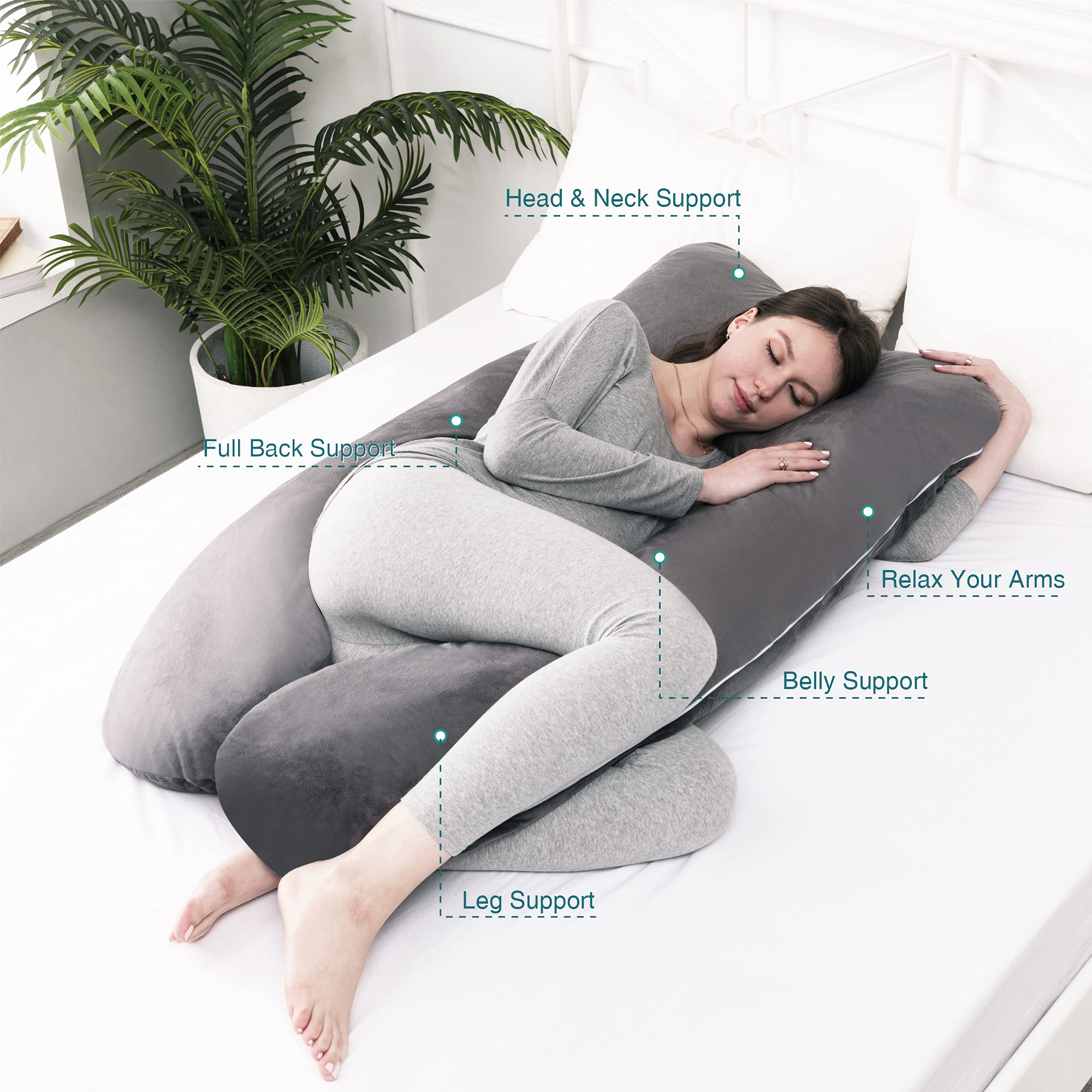 OYOWUOT 55" U Shape Pregnancy Pillow with Breathable Soft Velvet Cover, Full Body Maternity Pillow for Pregnant Women Sleeping for Back Belly Hips Legs Support (Gray)