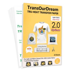 transourdream upgraded iron on heat transfer paper for t shirts (20 sheets, 8.5x11") iron on transfers for light fabric printable heat transfer vinyl for inkjet printer (tod-4)