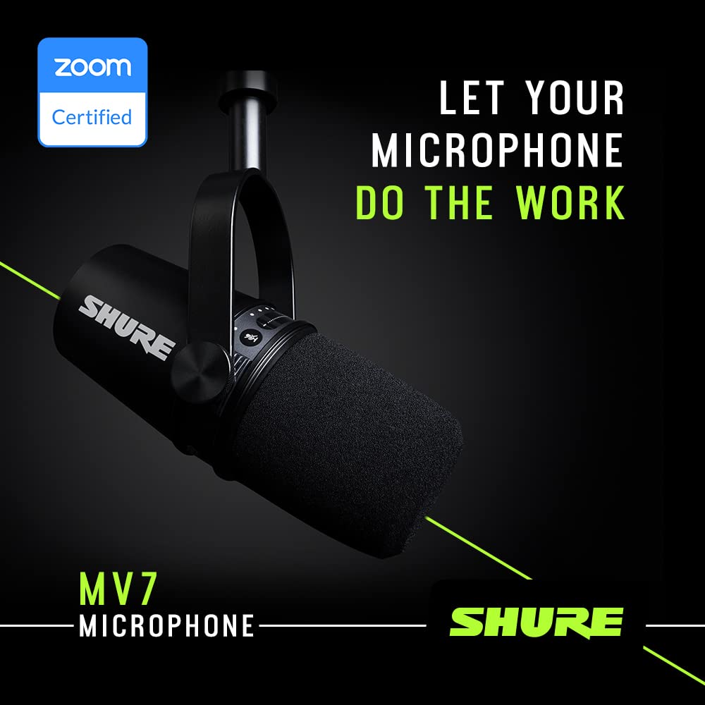 Shure MV7 USB Microphone for Podcasting, Recording, Live Streaming & Gaming, Built-in Headphone Output, All Metal USB/XLR Dynamic Mic, Voice-Isolating Technology, TeamSpeak & Zoom Certified – Black