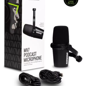 Shure MV7 USB Microphone for Podcasting, Recording, Live Streaming & Gaming, Built-in Headphone Output, All Metal USB/XLR Dynamic Mic, Voice-Isolating Technology, TeamSpeak & Zoom Certified – Black