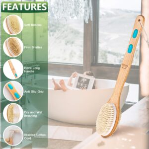 Back Brush Long Handle for Shower - Soft and Firm Double Sided Exfoliating Bath Body Scrub Brush for Men and Women - Use Back Showering Scrubber Wet for Washing / Scrubbing - Use Dry for Exfoliation