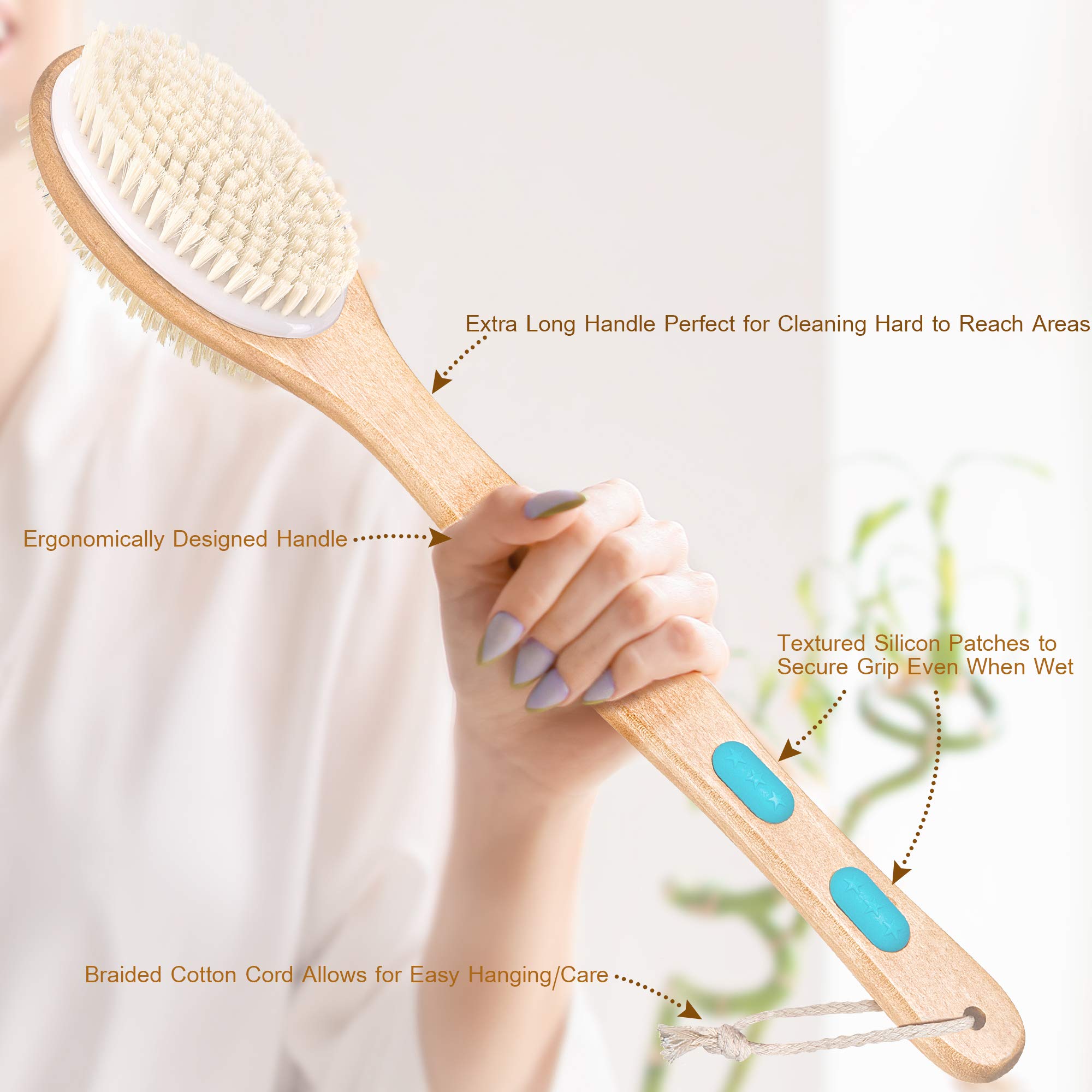 Back Brush Long Handle for Shower - Soft and Firm Double Sided Exfoliating Bath Body Scrub Brush for Men and Women - Use Back Showering Scrubber Wet for Washing / Scrubbing - Use Dry for Exfoliation