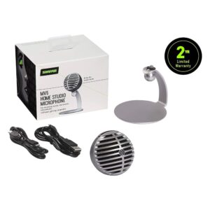 Shure MV5 Digital Condenser Microphone with Cardioid - Plug-and-play with iOS, Mac, PC, Onscreen Control w/ ShurePlus MOTIV Audio App, Includes USB and Lightning Cables (1m each) - Gray w/ Black Foam