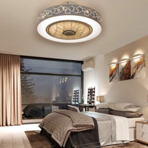 ceiling fan light, enclosed round led dimmable ceiling lighting fan with invisible blades,semi flush mount low profile fan w/remote control for bedroom office living room children's room 110v