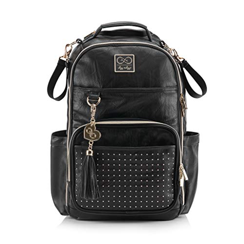 Itzy Ritzy Chelsea + Cole Diaper Bag Backpack - Studded Boss Backpack Diaper Bag Includes 19 Pockets, Changing Pad, Stroller Clips & Tassel; Black with Sweetheart Print Interior & Gold Hardware