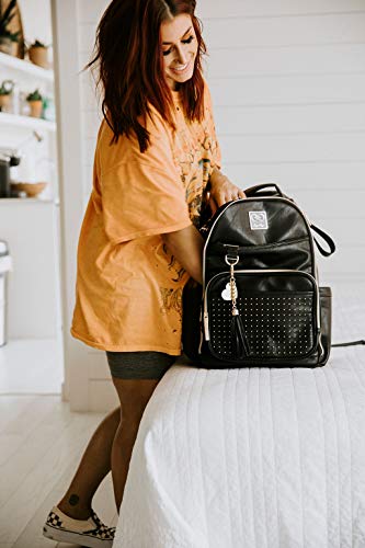 Itzy Ritzy Chelsea + Cole Diaper Bag Backpack - Studded Boss Backpack Diaper Bag Includes 19 Pockets, Changing Pad, Stroller Clips & Tassel; Black with Sweetheart Print Interior & Gold Hardware