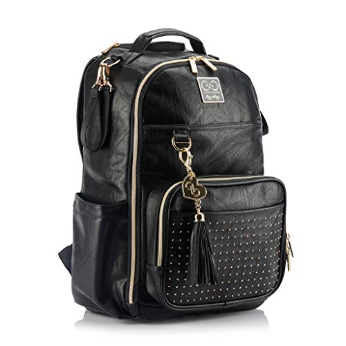 Itzy Ritzy Chelsea + Cole Diaper Bag Backpack - Studded Boss Backpack Diaper Bag Includes 19 Pockets, Changing Pad, Stroller Clips & Tassel; Black with Sweetheart Print Interior & Gold Hardware