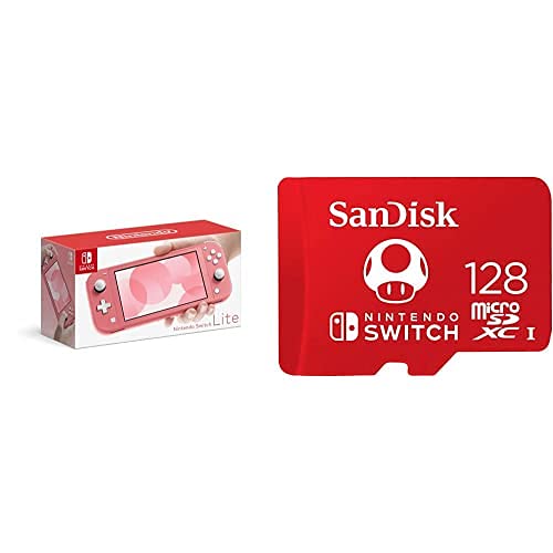 Nintendo Switch Lite - Coral with SanDisk 128GB microSDXC UHS-I Card, Licensed for Nintendo Switch