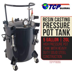 TCP Global 5 Gallon (20 Liters) Pressure Pot Tank for Resin Casting - Heavy Duty Powder Coated Pot with Air Tight Clamp On Lid, Caster Wheels, Regulator, Gauge - Use for Curing Resin in Casting Molds