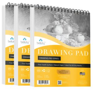 bellofy 3 x drawing paper pads 9” x 12” | 300 sheets | 60lbs 85g | acid free sketchbook paper for dry media | top spiral bound sketchpad for kids, beginners, artists & professionals