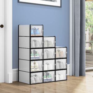 yitahome shoe storage box, set of 12 medium size shoe storage organizers stackable shoe storage box rack containers - medium size（13.8’’l x 9.8’’w x 7.3’’h）