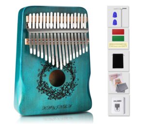 kalimba-17 key thumb piano,exquisite mahogany wood portable kalimba,tune hammer and study instruction,musical gifts for music lovers adults kids(teal blue)