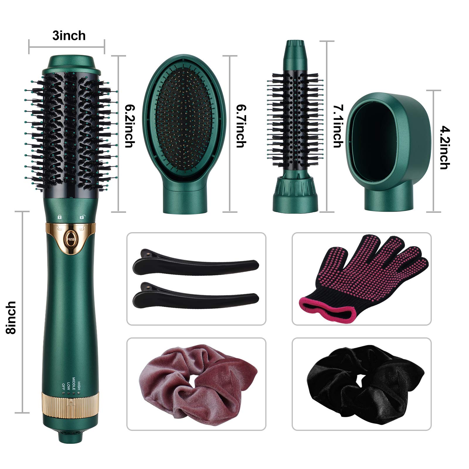 Necmuaih Retro Green Ceramic Hair Dryer and Brush Set, 4-in-1, Lightweight, Safe, and Quiet