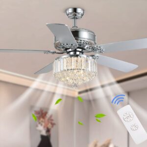 NOXARTE 52 inch Crystal Ceiling Fan with Lights, Modern Chrome Chandelier Ceiling Fan, Quiet Motor, 5 Reverse Wood Blades Crystal Fandelier Ceiling Fan Light Kit for Bedroom Living Dining Room