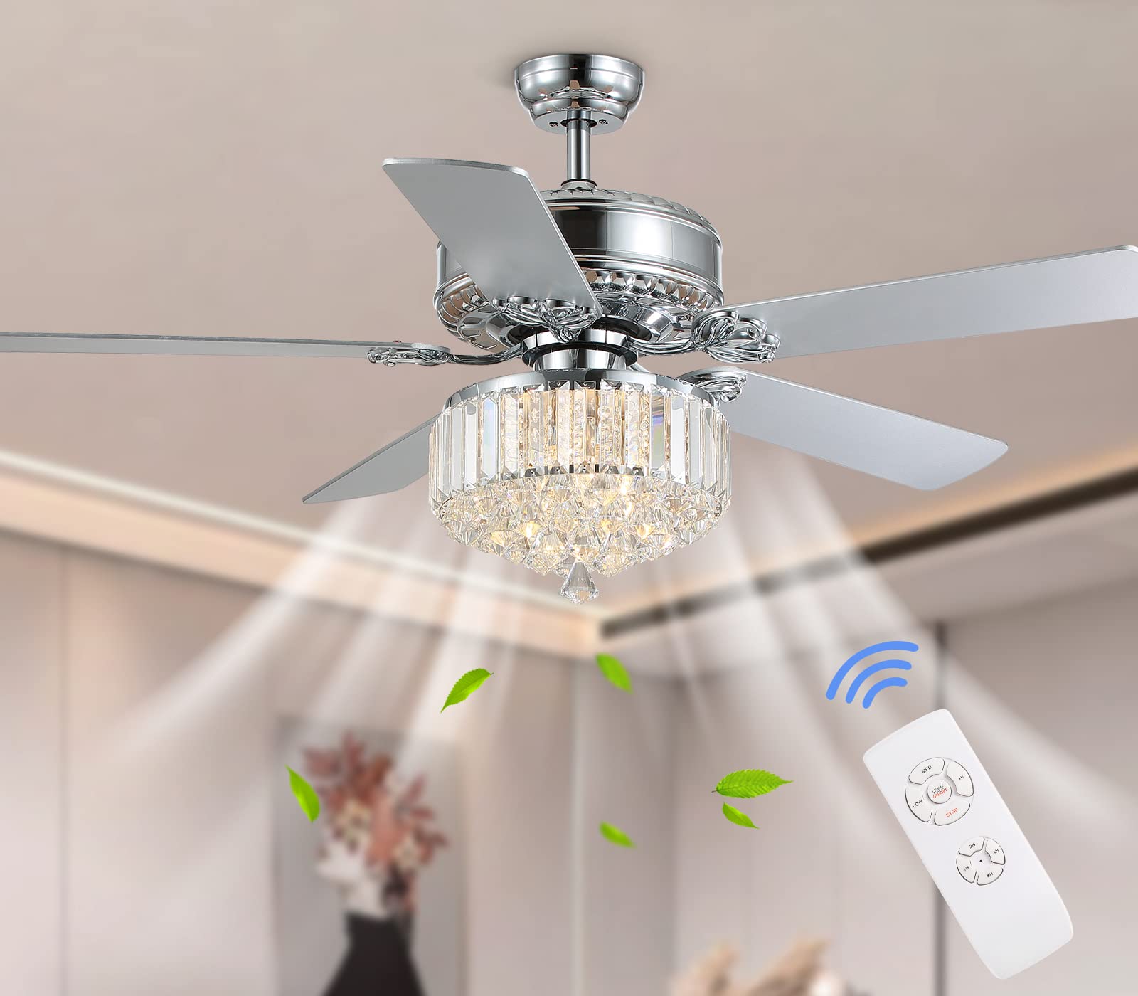 NOXARTE 52 inch Crystal Ceiling Fan with Lights, Modern Chrome Chandelier Ceiling Fan, Quiet Motor, 5 Reverse Wood Blades Crystal Fandelier Ceiling Fan Light Kit for Bedroom Living Dining Room