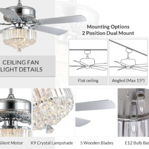 NOXARTE 52 inch Crystal Ceiling Fan with Lights, Modern Chrome Chandelier Ceiling Fan, Quiet Motor, 5 Reverse Wood Blades Crystal Fandelier Ceiling Fan Light Kit for Bedroom Living Dining Room