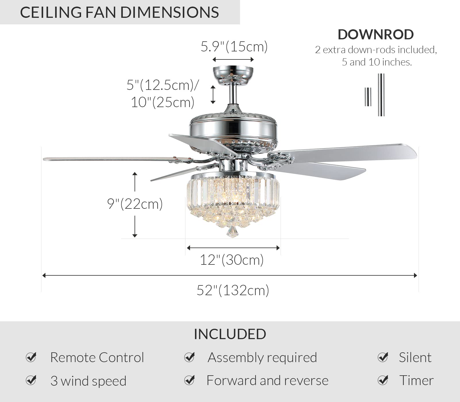 NOXARTE 52 inch Crystal Ceiling Fan with Lights, Modern Chrome Chandelier Ceiling Fan, Quiet Motor, 5 Reverse Wood Blades Crystal Fandelier Ceiling Fan Light Kit for Bedroom Living Dining Room