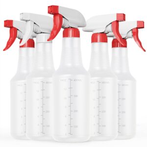 veco spray bottle (5 pack,16 oz) with measurements and adjustable nozzle(mist & stream mode), hdpe plastic spray bottles for cleaning solution, household/commercial/industrial use, no leak and clog