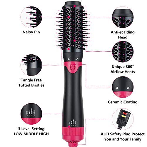 Hot Air Brush, Hair Dryer Brush,3 in 1 Interchangerable Hair Dryer & Volumizer,Ceramic Negative Ion Curling Dryer Styler Brush with 3 Brush Heads (Rose Black)