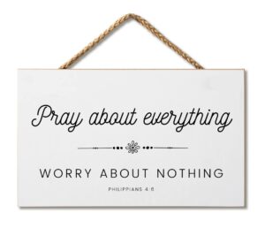 farmhouse style bible verse wall decor wood sign 9.5 x 5.5 inch wood made in the usa (pray about everything (white), 9.5 x 5.5)