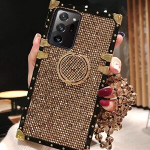 Babemall Compatible for Samsung Galaxy Note 20 Ultra 5G Case, Bling Glitter Protective Plating Decoration Corner Back Cover Case with 360 Degree Ring Holder and Bead Chain (Gold)