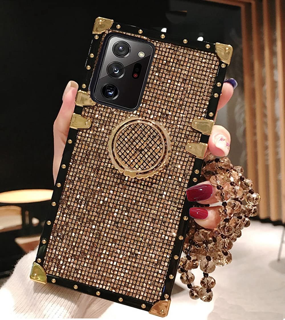 Babemall Compatible for Samsung Galaxy Note 20 Ultra 5G Case, Bling Glitter Protective Plating Decoration Corner Back Cover Case with 360 Degree Ring Holder and Bead Chain (Gold)