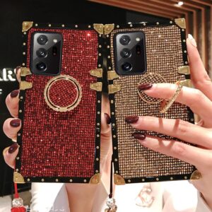 Babemall Compatible for Samsung Galaxy Note 20 Ultra 5G Case, Bling Glitter Protective Plating Decoration Corner Back Cover Case with 360 Degree Ring Holder and Bead Chain (Gold)