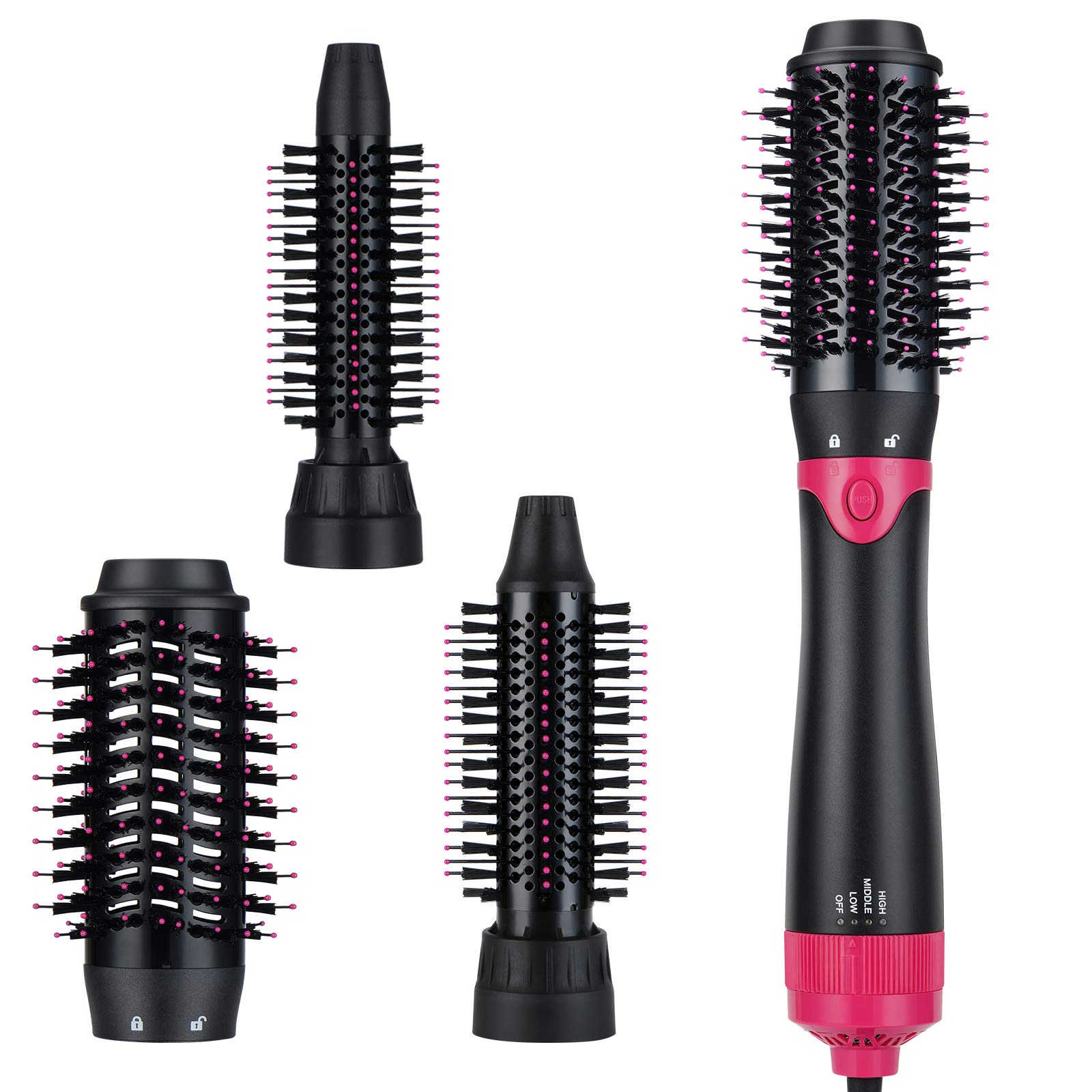 Hot Air Brush, Hair Dryer Brush, 3 in 1 Interchangerable Hair Dryer & Volumizer, Ceramic Negative Ion Curling Dryer Styler Brush with 3 Brush Heads （Gray）